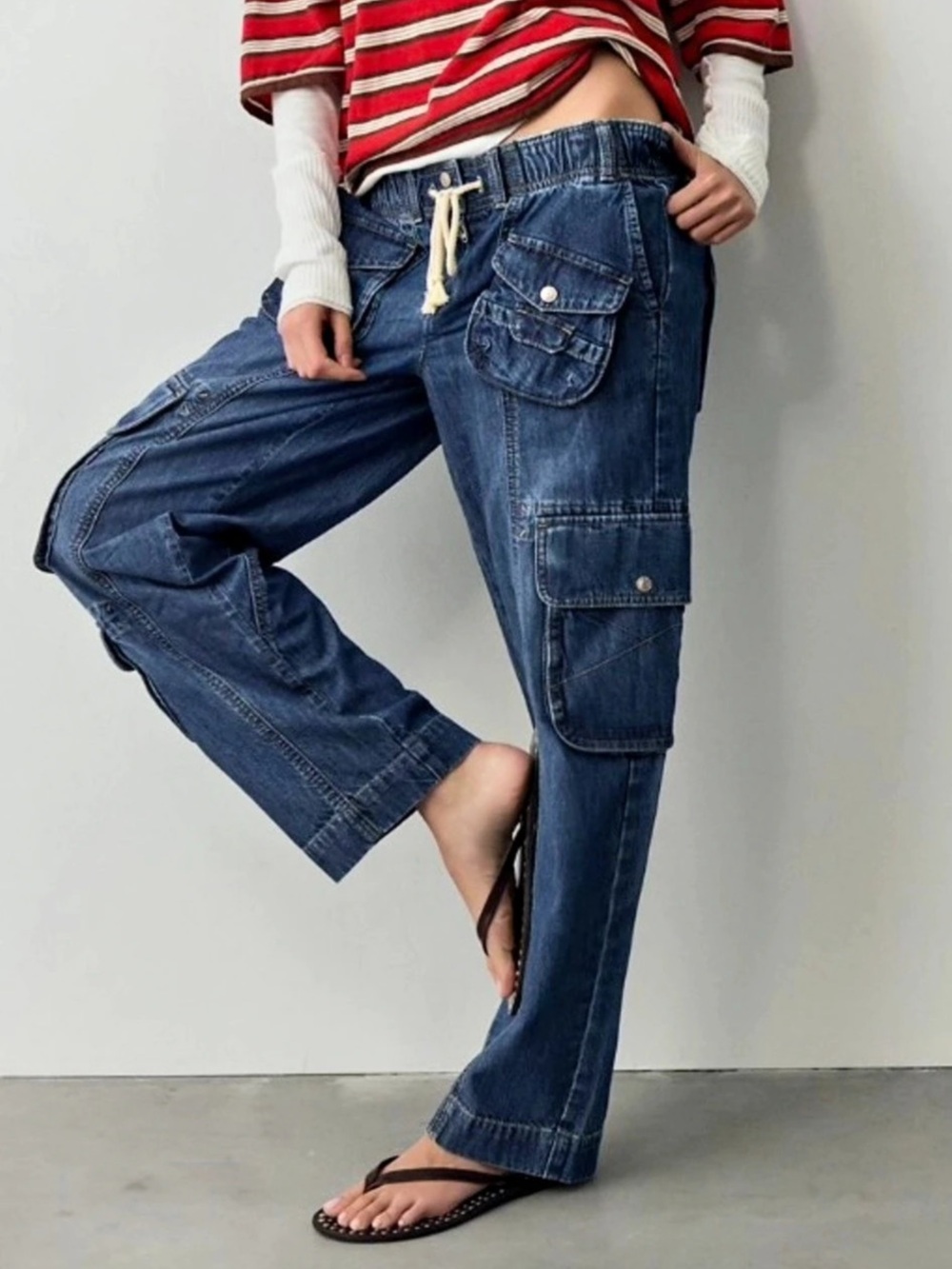 Free People We The Free Tahiti Denim Pull-On Cargo Pants Blue